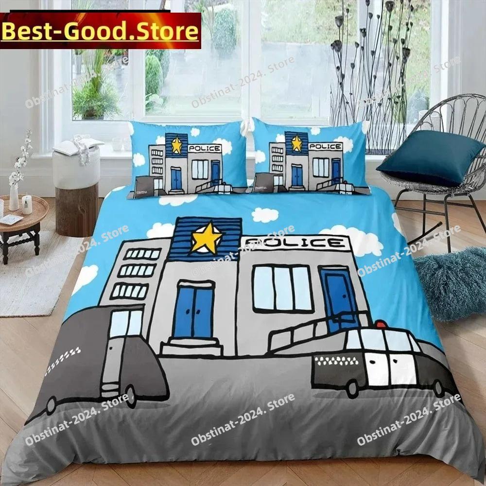 Copripiumino King Queen Auto della Polizia Set Biancheria da Letto Auto Cartone Animato Bambini Ragazzi Blu Grigio Veicoli di Emergenza Copripiumino in Poliestere