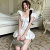 French first love girl white bubble sleeve dress female slim design bow bud short skirt summer
