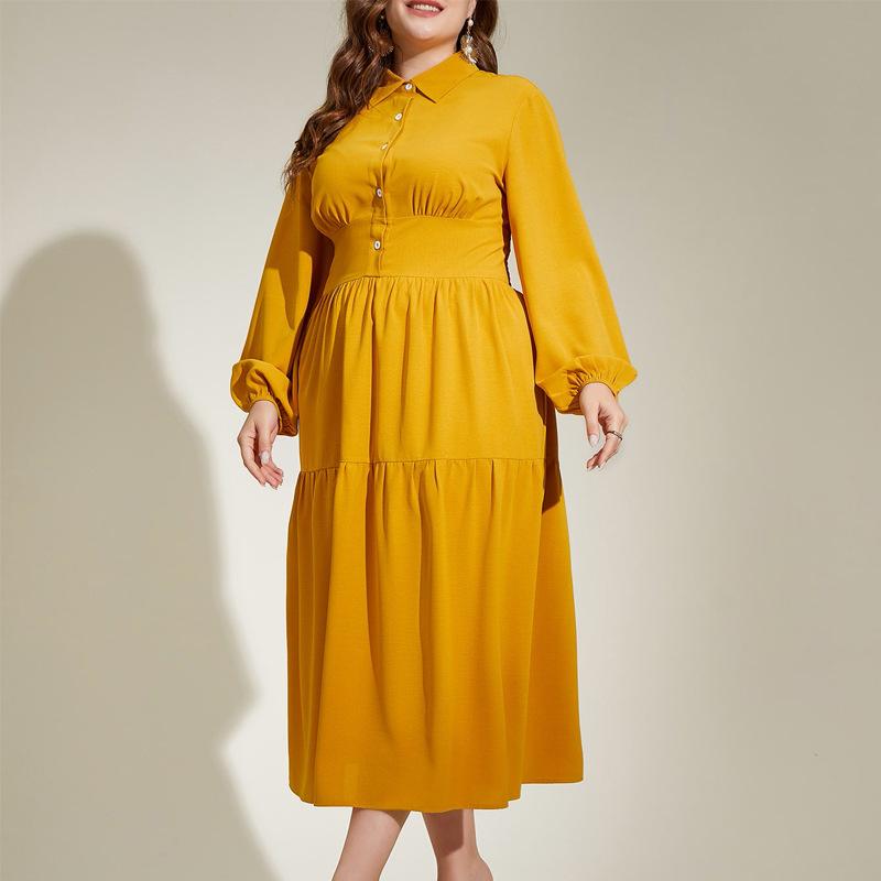 Plus Size Women's Dress Autumn Simple Temperament Back Elastic Waist Long Sleeve Dresses