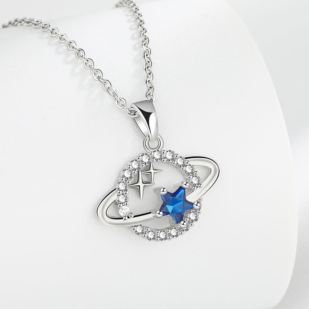 Exclusive Blue Planet Women's Necklace: Meteorite & Sapphire Zirconia Clavicle Chain