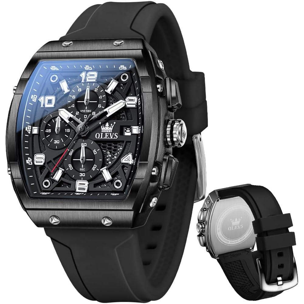 OLEVS Men s Chronograph Waterproof Multifunctional Quartz Watch with Calendar and Silicone Strap Black