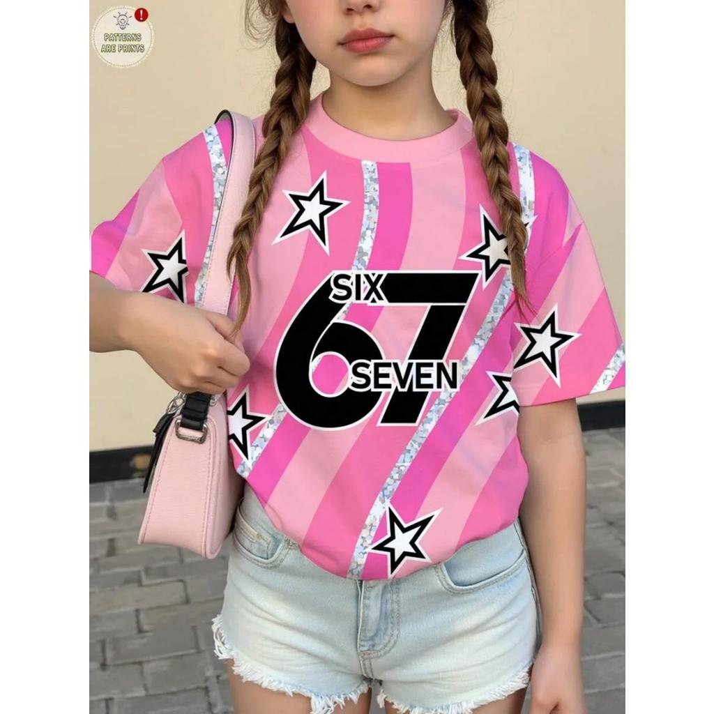 Children's printed short-sleeved round neck T-shirt for girls, casual wear, comfortable children's clothing, girls' apparel