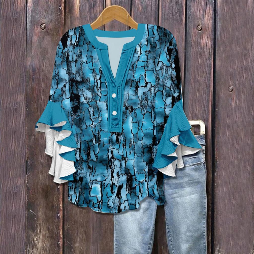 Women's Summer Tops V Neck Three-quarter Sleeves Floral Print Flowing Ruffle Sleeves Half-button Shirt