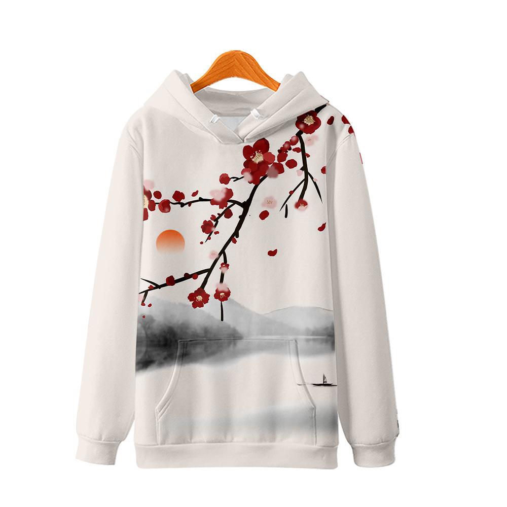 Japonská móda pánská krajinomalba s třešňovým květem 3D mikina s digitálním potiskem, dvoubarevná patchworková mikina se stahovací šňůrkou