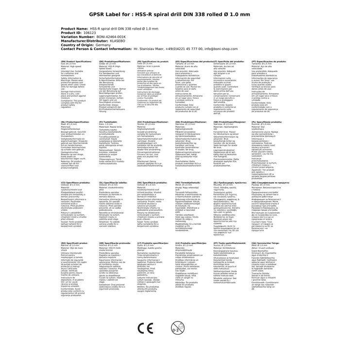 Broca helicoidal HSS-R DIN 338 laminada Ø 1,0 mm