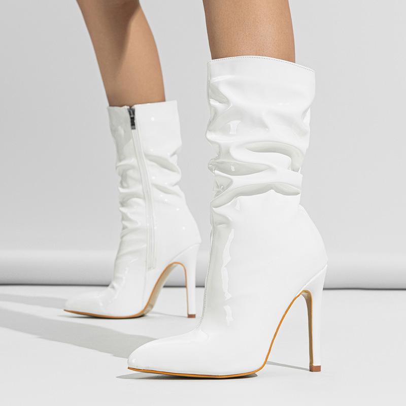 Stretch boots women's 024 pointed patent leather fashion zipper stiletto heel stack medium tube women's boots