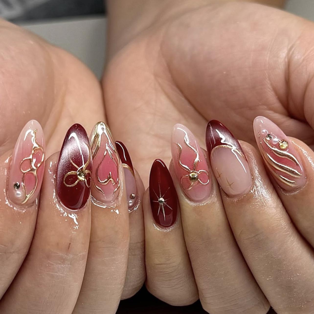 3D French Almond Red Blush Bow Press-On Nails