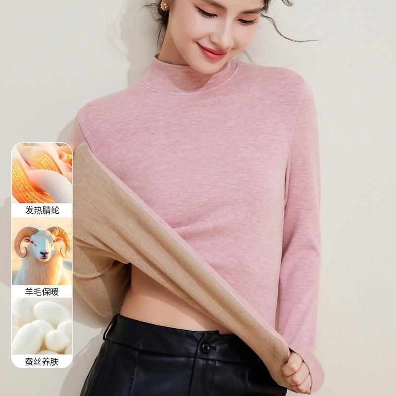 Autumn and Winter Mid-neck Wool Silk Thermal Underwear Women's Thickened Fleece Bottoming Shirt Warm Fleece Heating Autumn Clothes Top