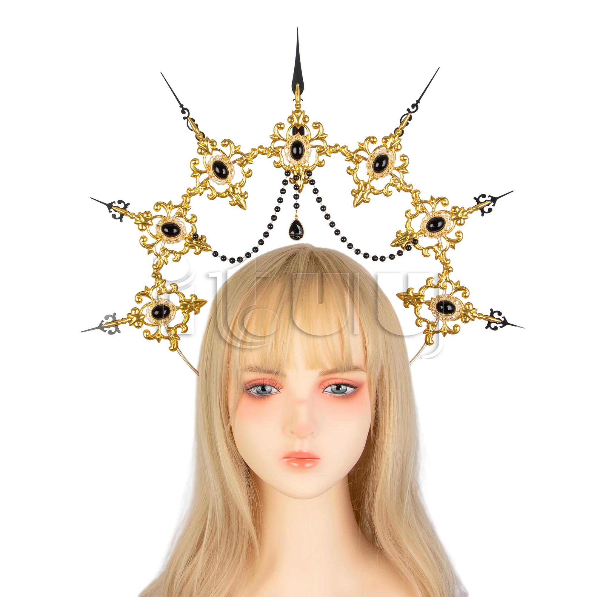 Handmade Dark Retro Gothic Virgin Mary Aura Goddess Sun KC Halo Cross Lolita Headwear Vintage Baroque Tiara Hair Accessories