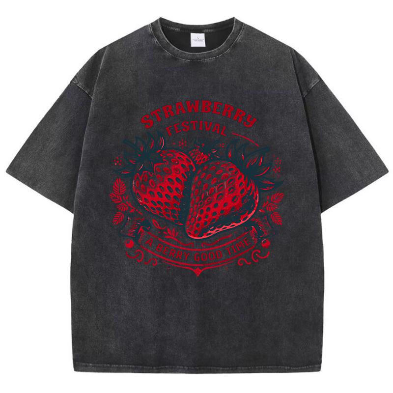 Strawberry Estival A Berry Good Time Prints Washed TShirt Women Cotton Tops Street Comfortable ONeck T Shirt Summer Clothes