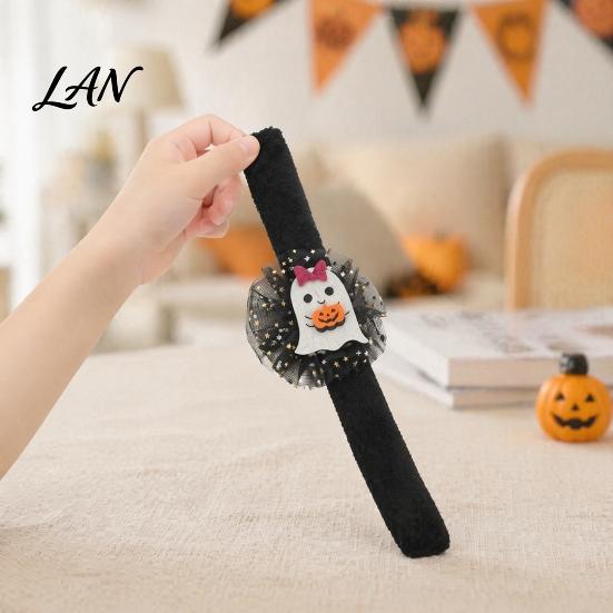 Adjustable Resilient Steel Plate Bracelets Stuffed Halloween Slap for Kids, Plush Pumpkin Ghost Skull Cute Wrist Assorted Pattern Bands Band