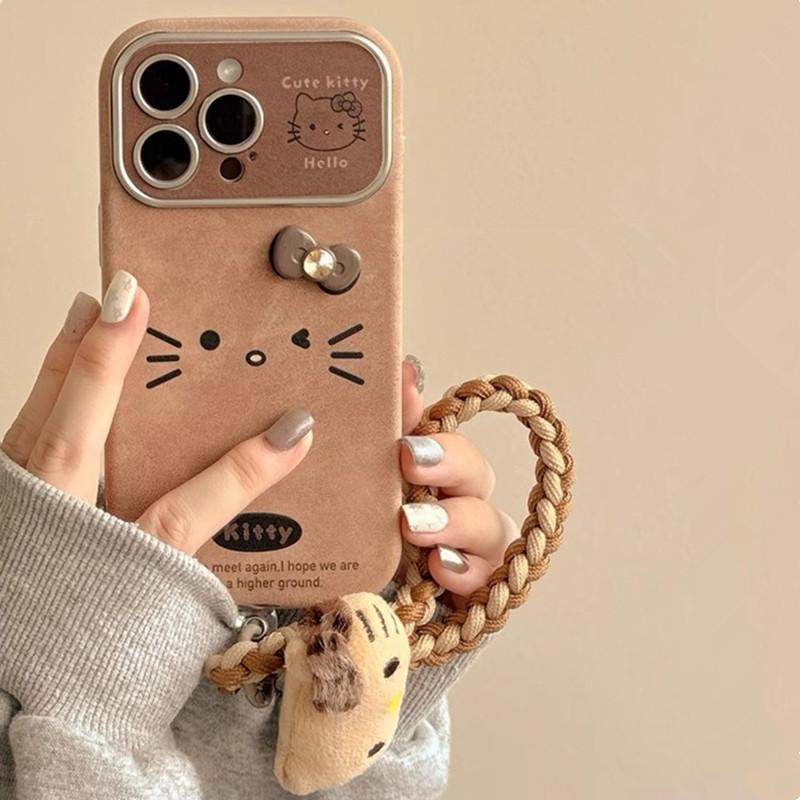 MINISO Hello Kitty Phone Case For iPhone 16 15 14 12 13 11 Pro Max Brown Retro Artificial Leather Cover With Hand Strap