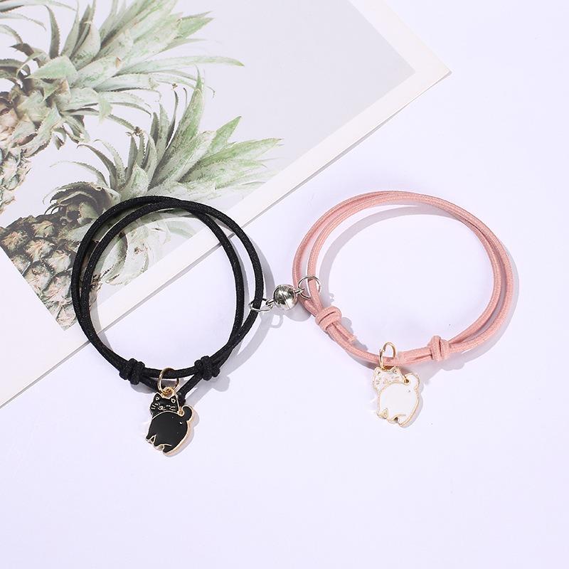 2 Pcs Romantic Originality Animals Couple Bracelet for Women Cute Small Cat Double Layer Braided Friendship Hand Rope Bracelet