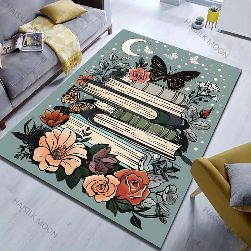 Book Moon Flowers Printed Carpet for Bedroom Living Room Bedside Sofa Floor Mat Modern Home Decor Area Rug Luxury Gifts