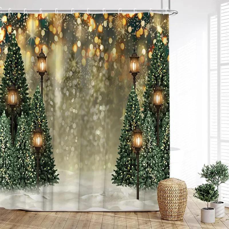 Christmas Reindeer Shower Curtain Winter Xmas Trees Full Moon Moose New Year Home Bathroom Decoration Bath Curtains