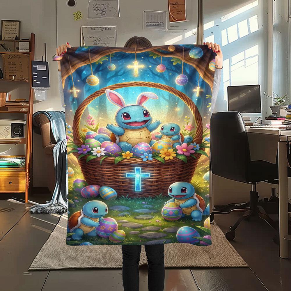 1Pc Easter Pokemon Print Flannel Blanket, High quality Comfortable for All Seasons, Home Decor, Warmth and Comfort, Perfect for Christmas Gifts