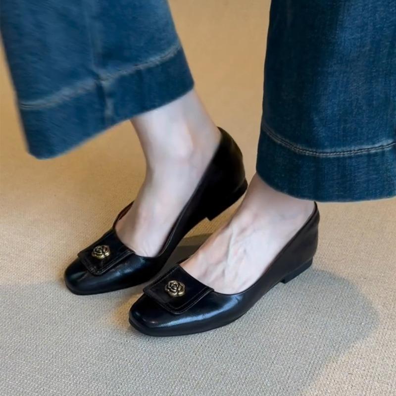 Sheep Pattern Version~ Retro Camellia Simple One-pedal Mary Jane Shoes Women's Shallow Mouth Leather Flat-soled Single Shoes