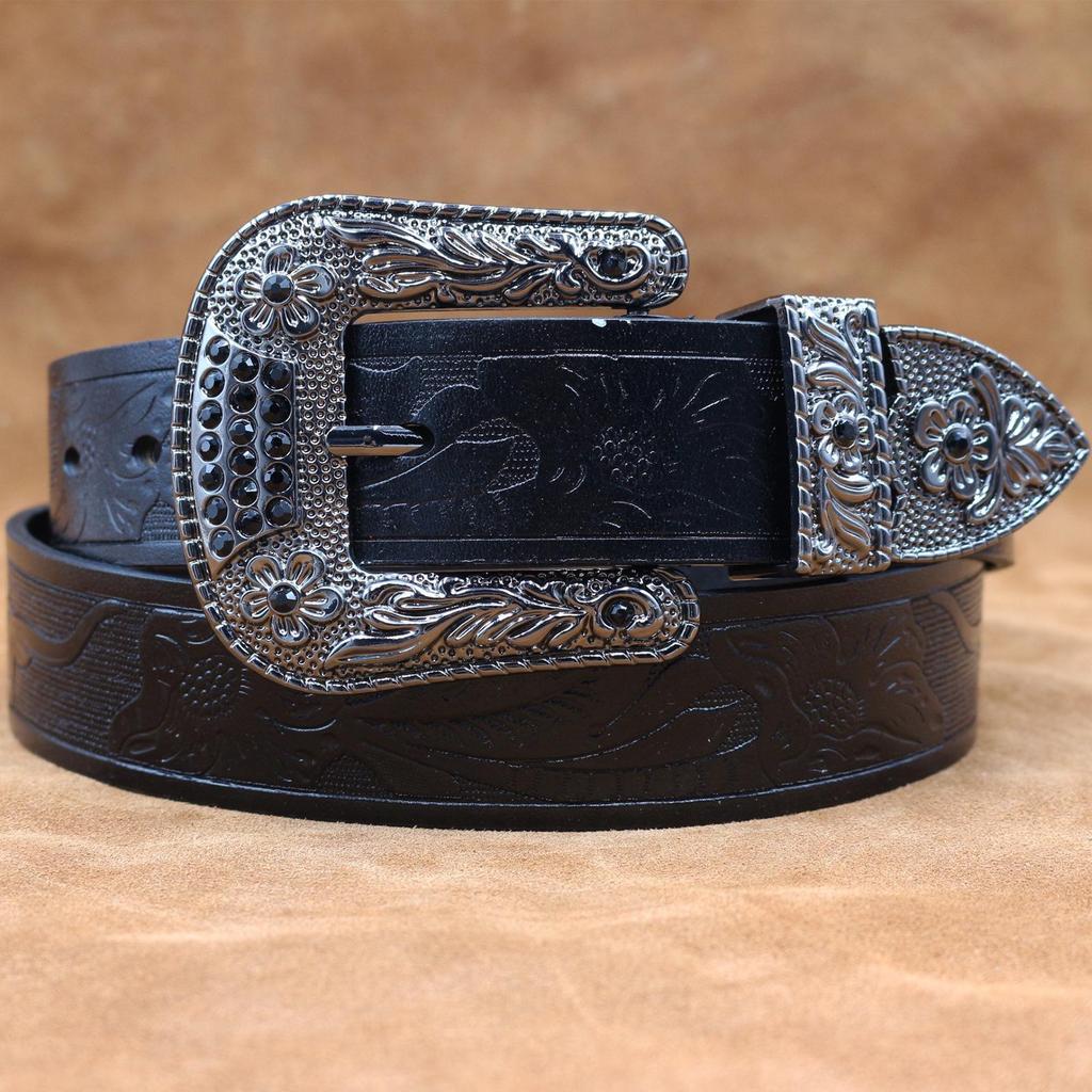 Men's Genuine Cowhide Leather Retro Western Embossed Pin Buckle Belt