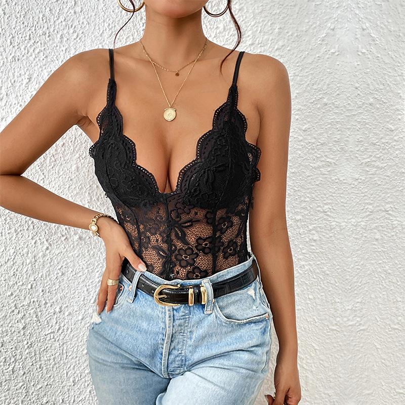 Combinaison d'été sans manches en dentelle pour femmes, body Sexy serré à bretelles noires