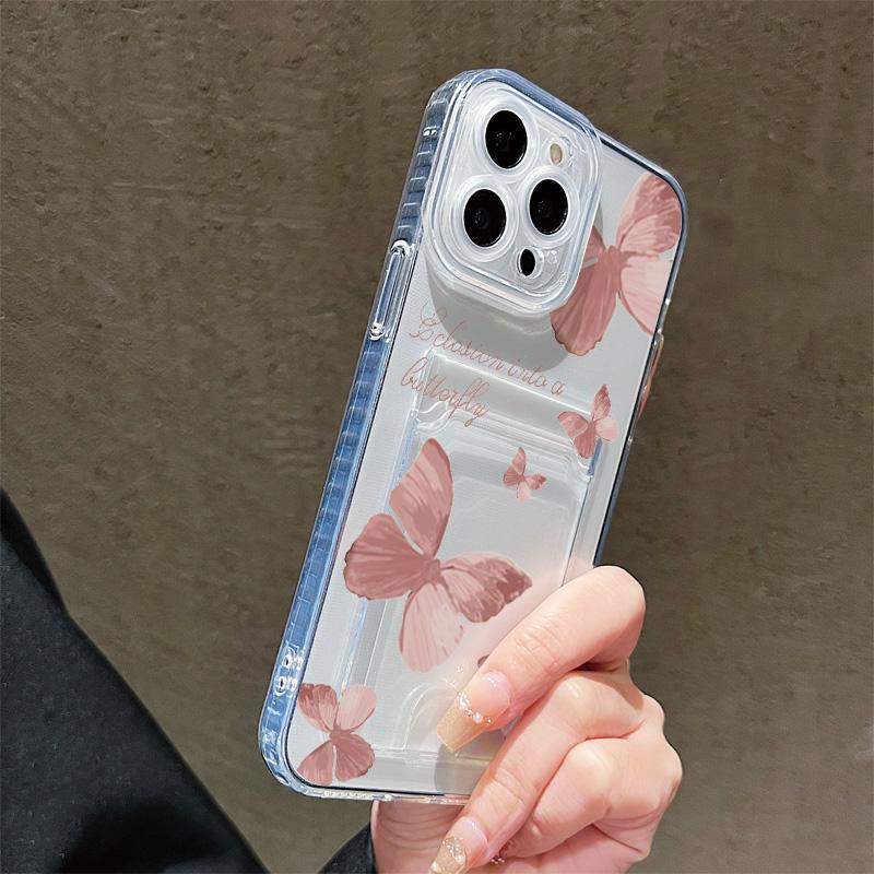 Butterflies Printed Soft TPU Clear Shockproof Casing Protective Cover Transparent Full Back Case with 1 Card Slot Holder
