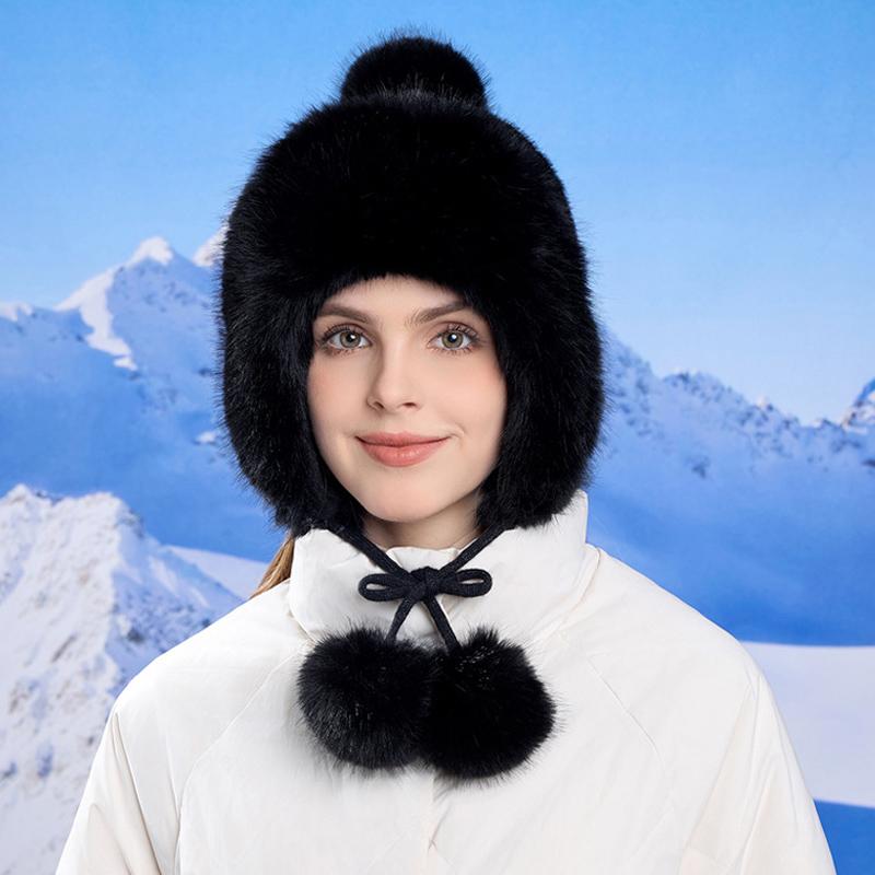 Winter Thick Coldproof Cap Plush Ball Warm Ear Protection Cap Women's Big Head Circumference Bomber Hat
