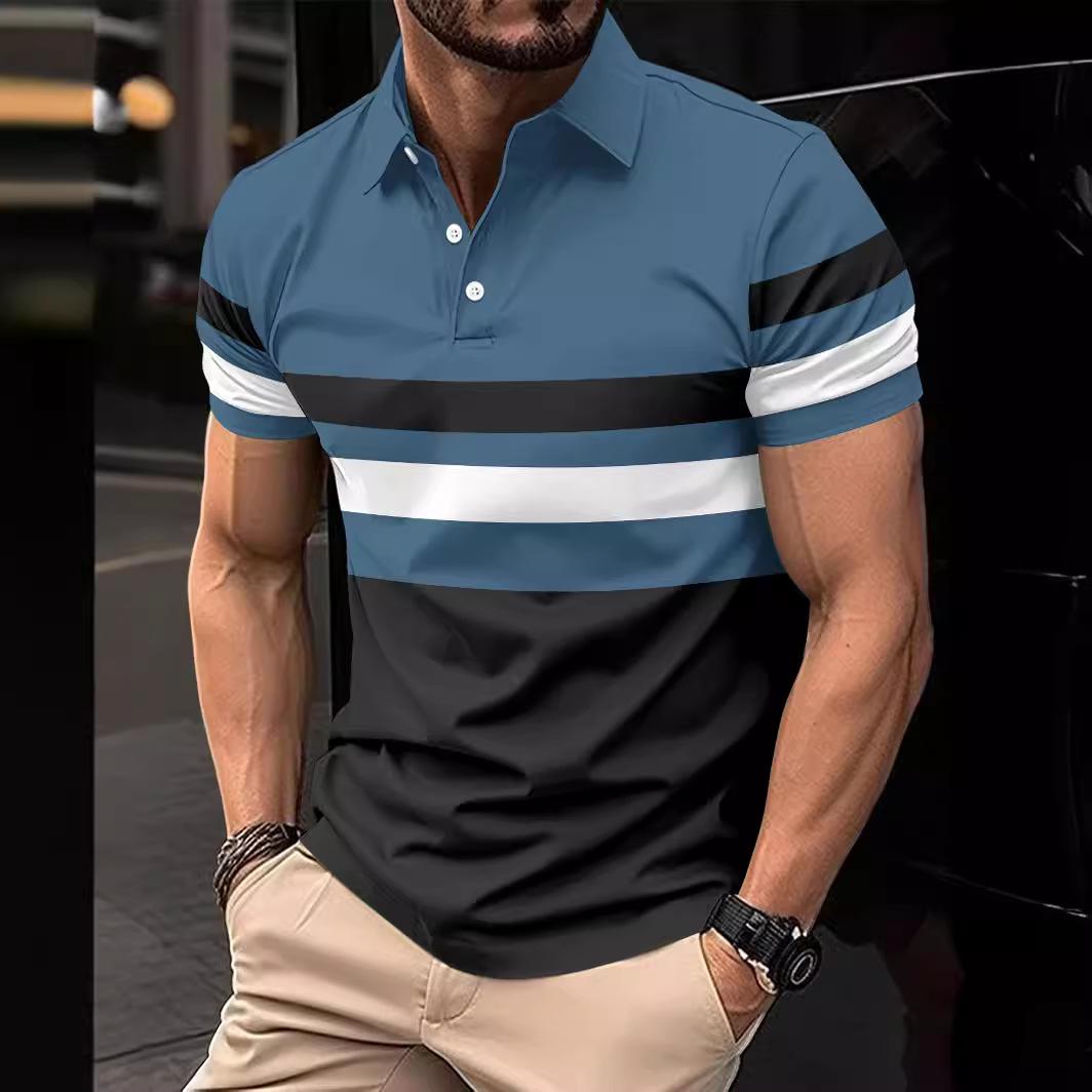 Summer New Men s T-shirt Daily Casual Lapel Striped Short-sleeved Tops S морской синий