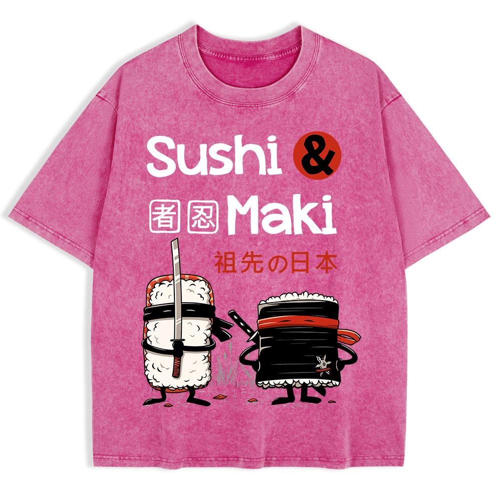 Japan Comics Ninja Sushi Printed Washed T-Shirts Mens Cotton Oversize T Shirt Basic O-Neck Short Sleeve Tops Summer Clothes