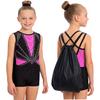 Kids Girls Gymnastics Dance Set Sleeveless Crisscross Back Shiny Rhinestones Color Block Metallic Leotard with Shorts Hairband and Drawstring Backpack