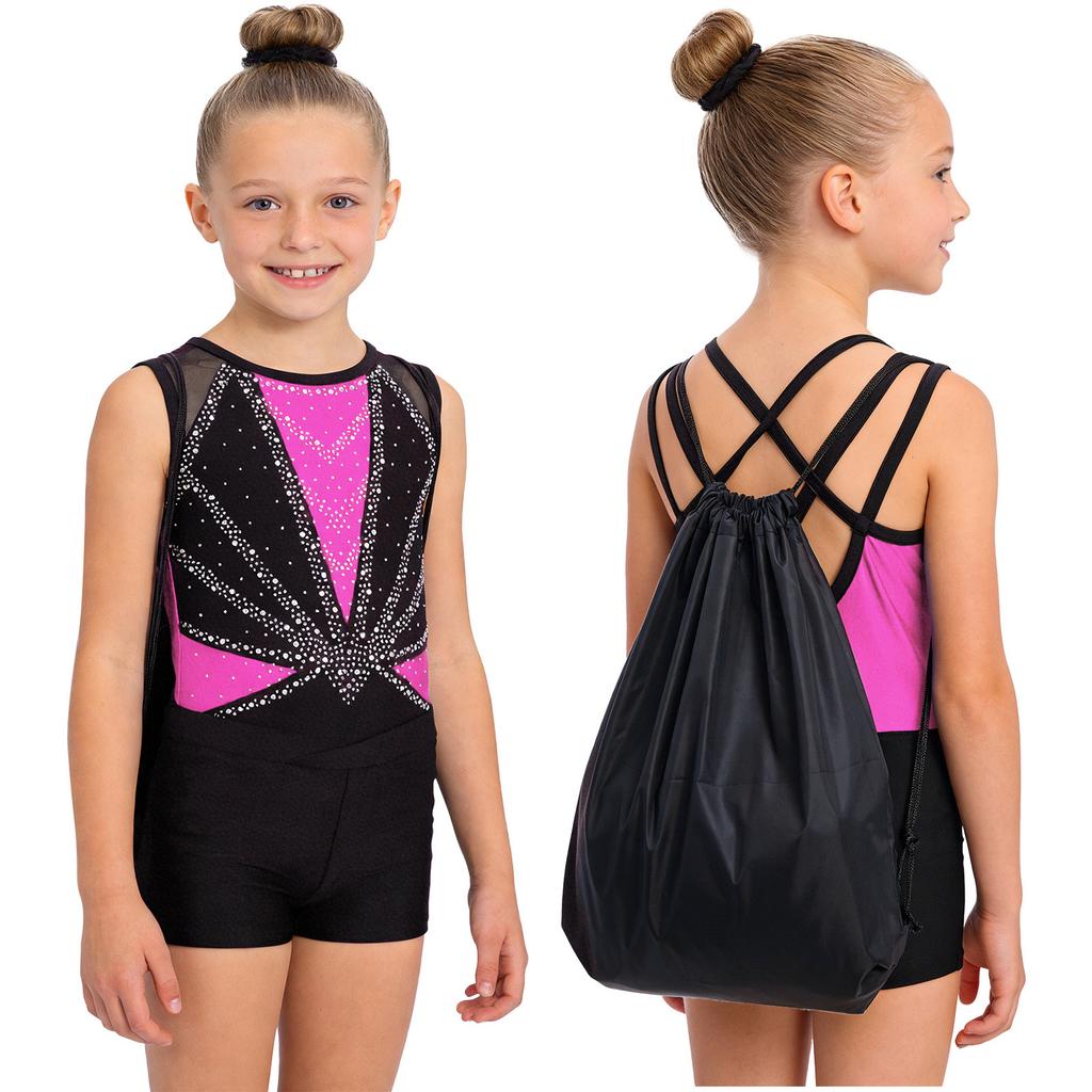 Kids Girls Gymnastics Dance Set Sleeveless Crisscross Back Shiny Rhinestones Color Block Metallic Leotard with Shorts Hairband and Drawstring Backpack