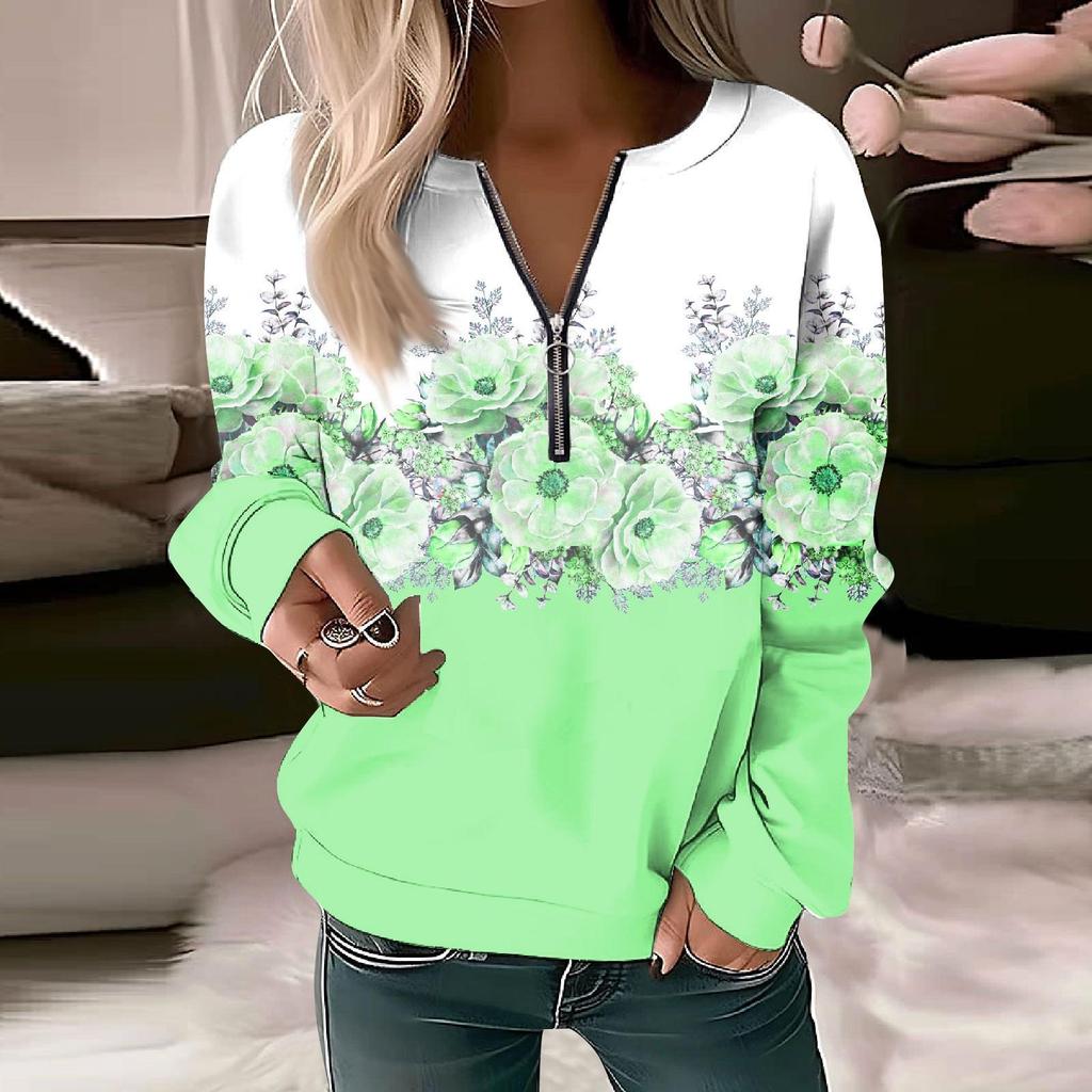 Women Sweatshirt Pullover Basic Quarter Zipper Long Sleeve Print Flowers Hoodie Casual Top