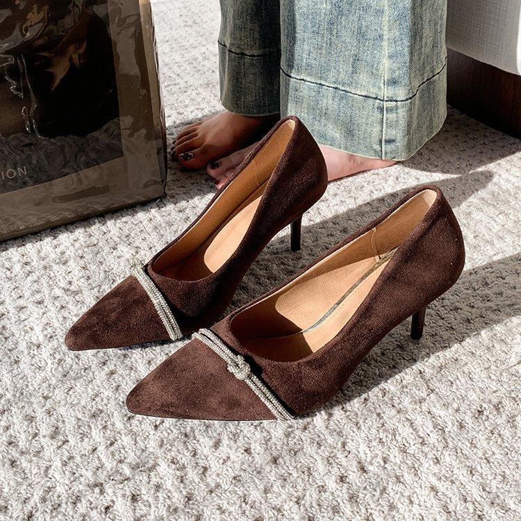 

High heels women s new spring and autumn 2025 thin heels pointed shallow mouth rhinestones professional temperament student etiquette shoes 40 коричневий
