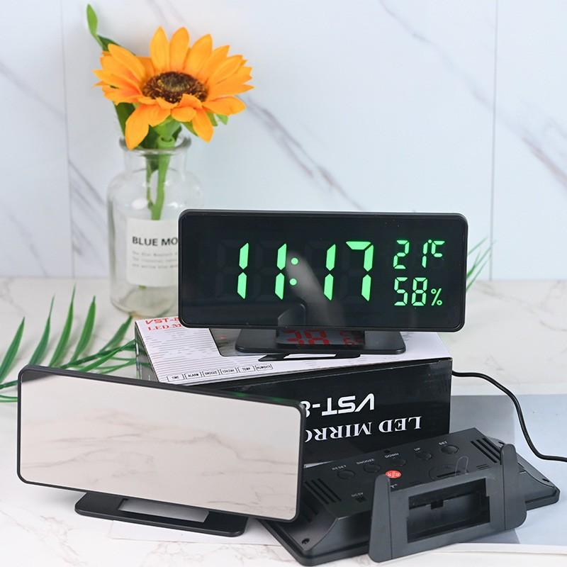 Plug-in LED Mirror Calendar Temperature and Humidity Meter Table Clock Desktop Electronic Digital Clock Voice Controlled Three Sets of Alarm Clock