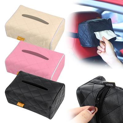 Solid Color Checkered Leather Wear-resistant Tissue Strap Hanging Car Box Easy Sunshade Installation Tissue-bag Back B H7m6