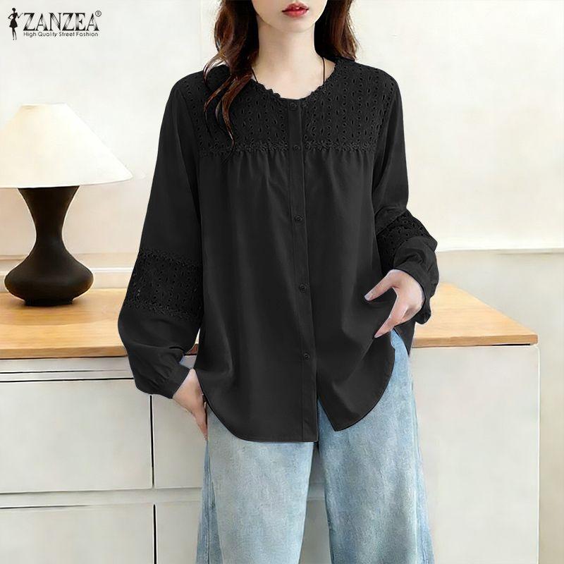 ZANZEA Dámská ležérní halenka s kulatým výstřihem a volným dlouhým rukávem