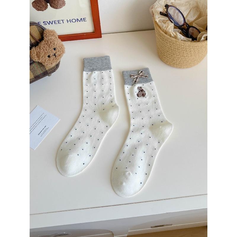 Autumn and Winter Bear Embroidered Bow Cartoon Versatile Mid-calf Socks for Women In Contrasting Colors Cute Cartoon Dot Pile Socks