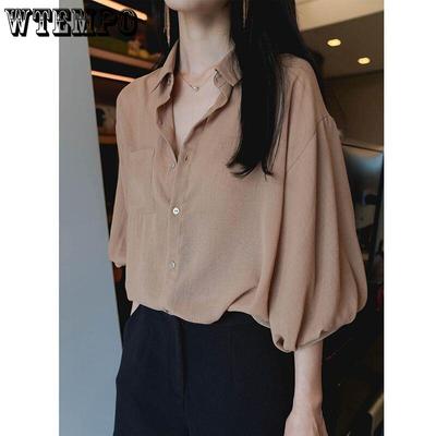 Sommer Koreanische Version Fünfviertelarmhemd Damen Chiffon Laternenärmel Oberteil Retro Locker Einfarbiges Hemd