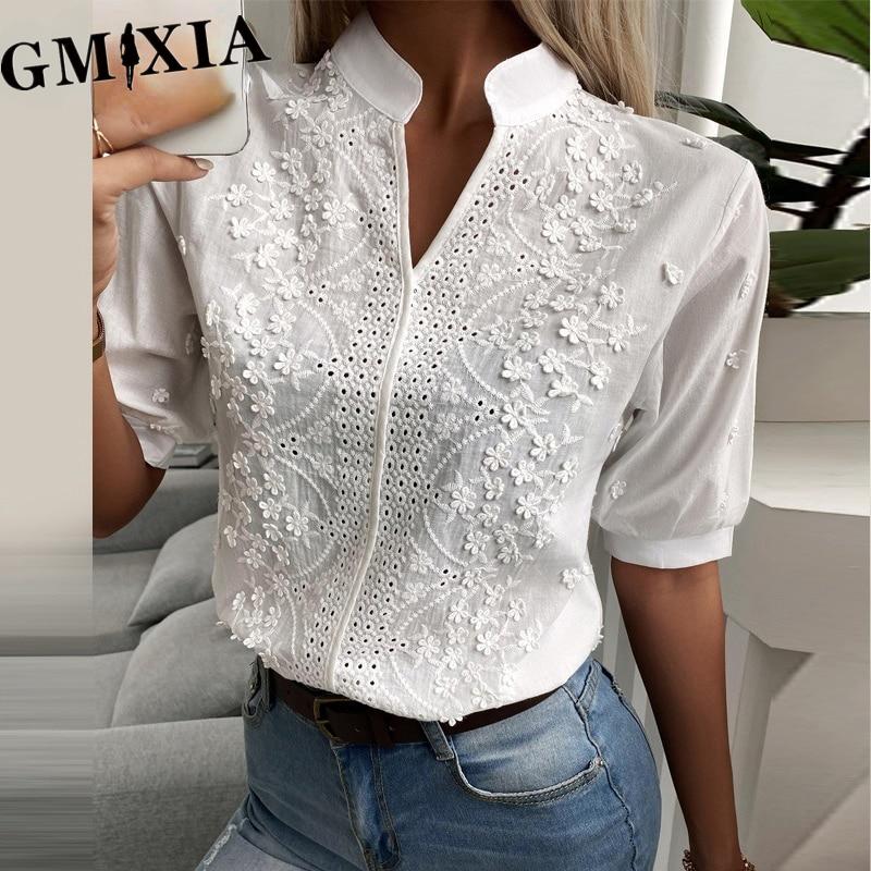 

GMXIA Women s Fashion Casual Leisure Solid Color Print Short Sleeve V Neck Blouses & Shirts S