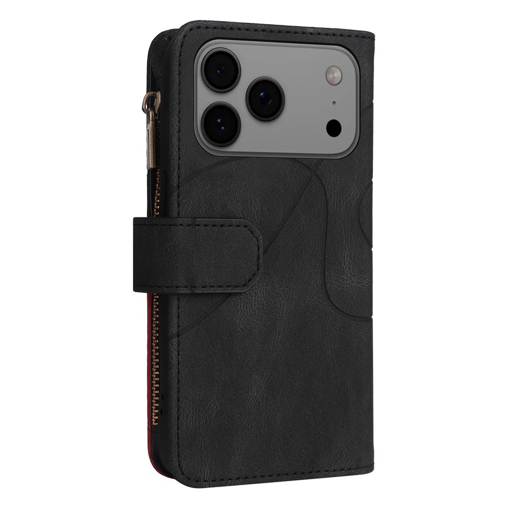 For iPhone 17 Pro Max Leather Case with Strap Zipper 9 Card Slot Phone Cover Stand