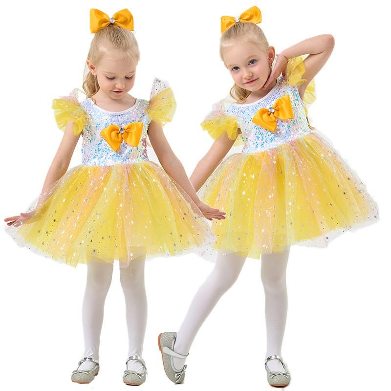 Kids Girls Halloween Costume Princess Dress Stage Performance Outfit Yellow Purple Tulle Tutu Birthday Party School Show