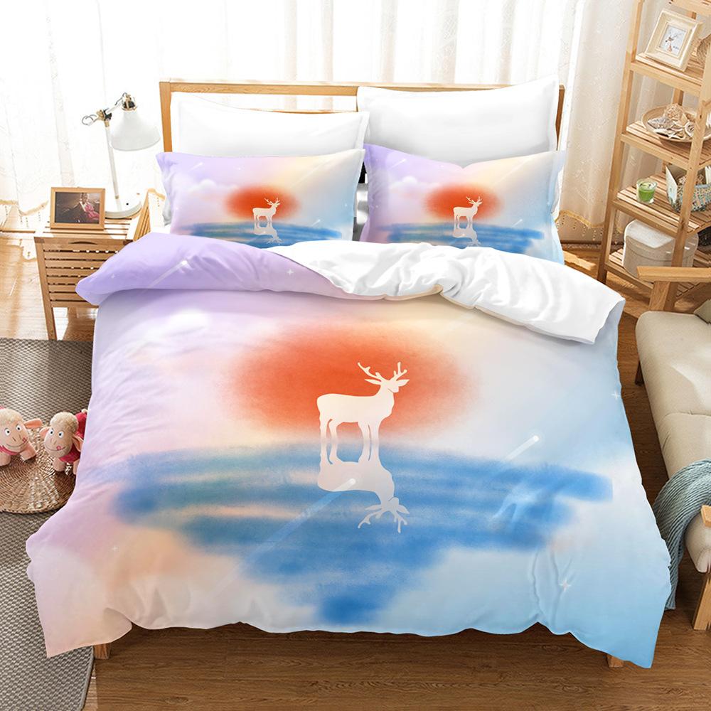 Elk Duvet Cover Set 3D Print Cartoon Elk Colourful Background Flowers Leaves King Size for Kids Boys Girl Polyester Bedding Set