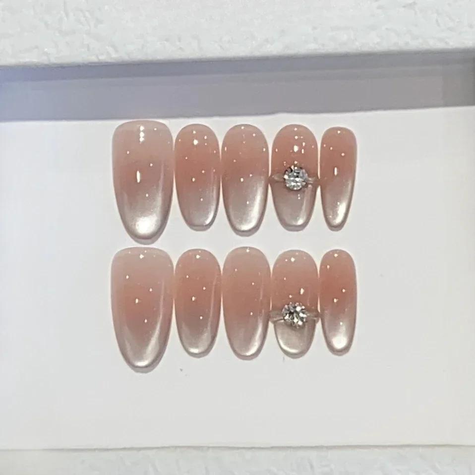 10 Pcs Autumn Winter Handmade Cat Eye Leopard Rhinestone Almond Acrylic Press On Nails Full Cover False Nail Tips
