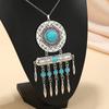 New Bohemian Fashion Necklace Earrings Set Inlaid Turquoise Carved Pattern Fringed Jewelry