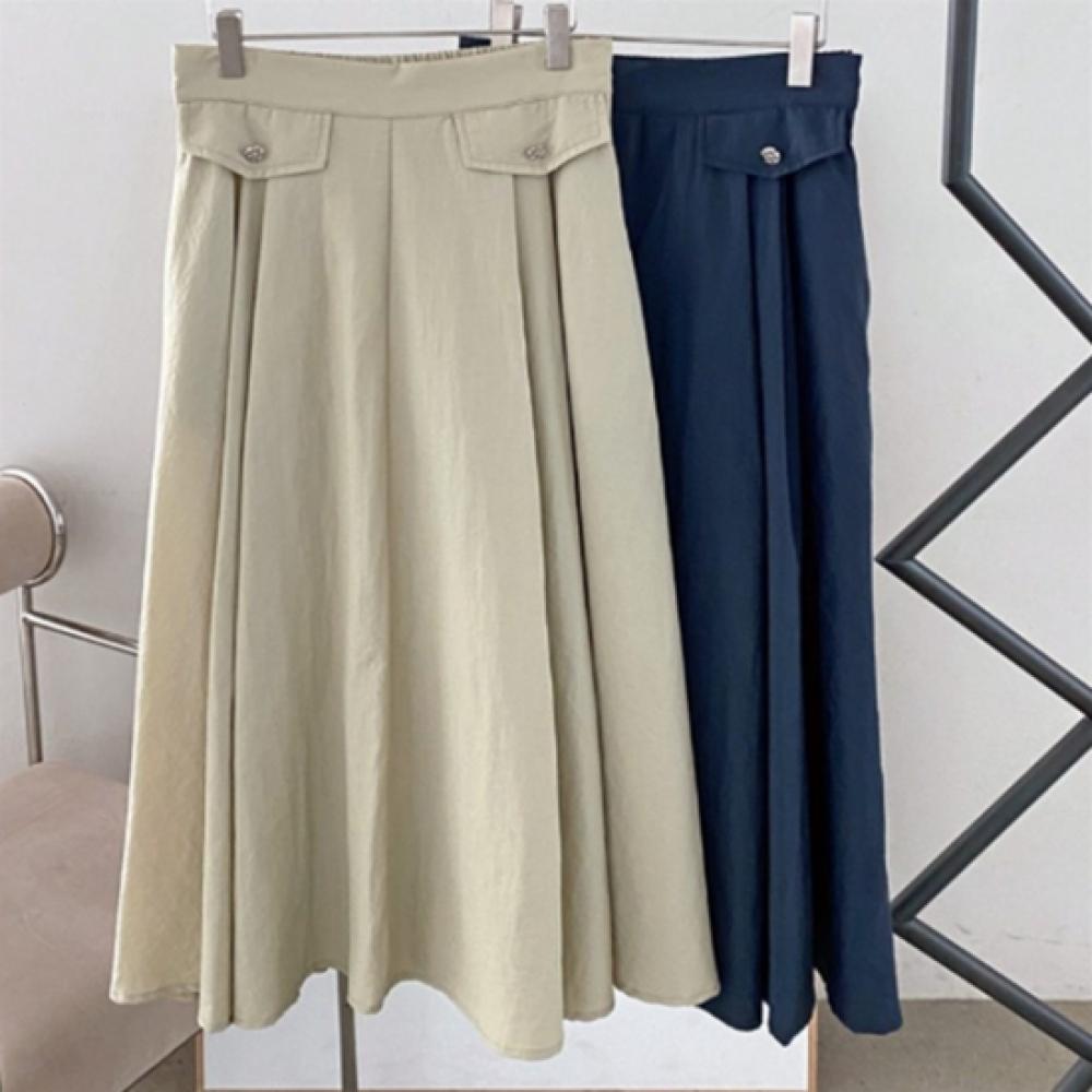 New Arrivals Open Run Women Solid Button Backband Pleat Long Skirt