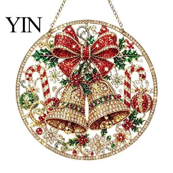 Holiday Art Decoration Christmas Faux Diamond Ornament Kit, Santa Angel Sun Catcher DIY Acrylic Detailed Printed Symbol Design Round Board,