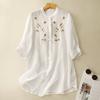 Retro Women's Embroidered Cotton and Linen Shirt Mid-Summer Long Loose Three-Quarter Sleeve Blouse