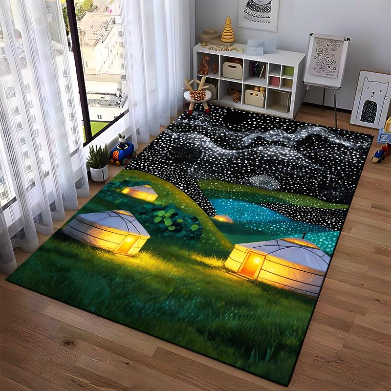 Illuminated Yurts Under Starry Night Sky Pattern Carpet Rug Suitable for Use As an Anti-slip for Living Room Bedroom Sofas