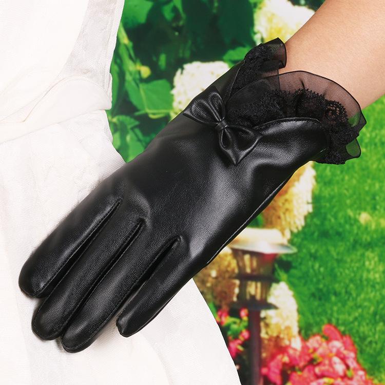 Winter Warm Gloves for Women's New PU Leather Lace Bow Winter Plus Velvet Thickened Touch Screen Gloves