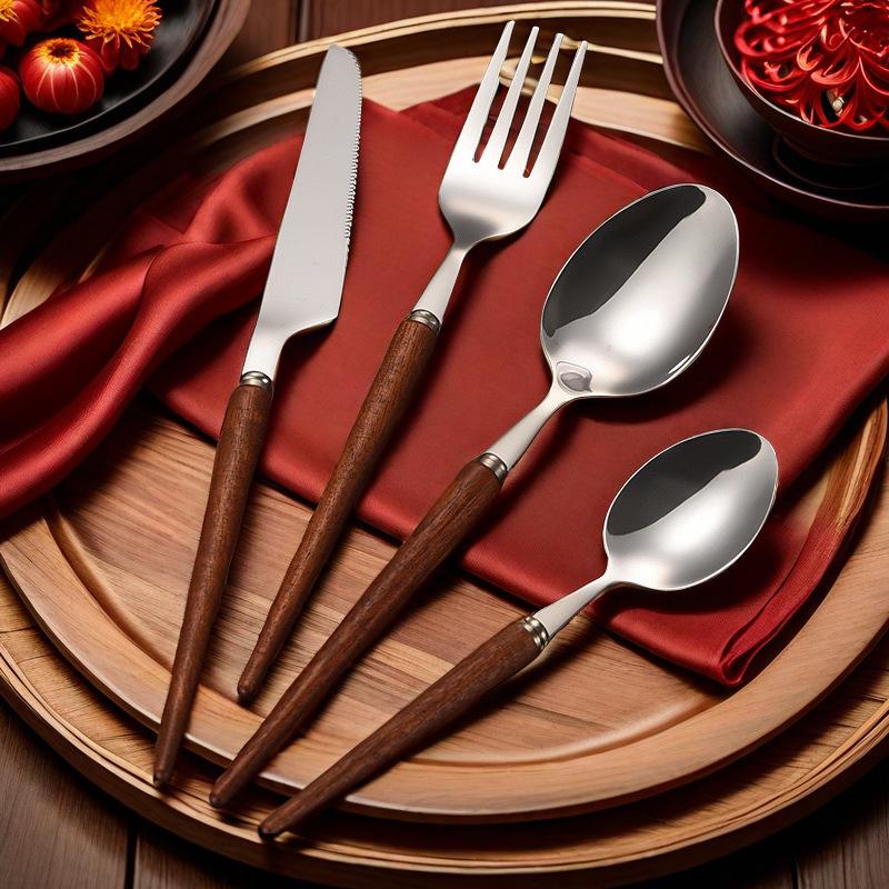 4-Piece High-End Stainless Steel Cutlery Set with Wooden Handles: Includes Knife, Fork, Spoon, and Teaspoon for Western Cuisine.