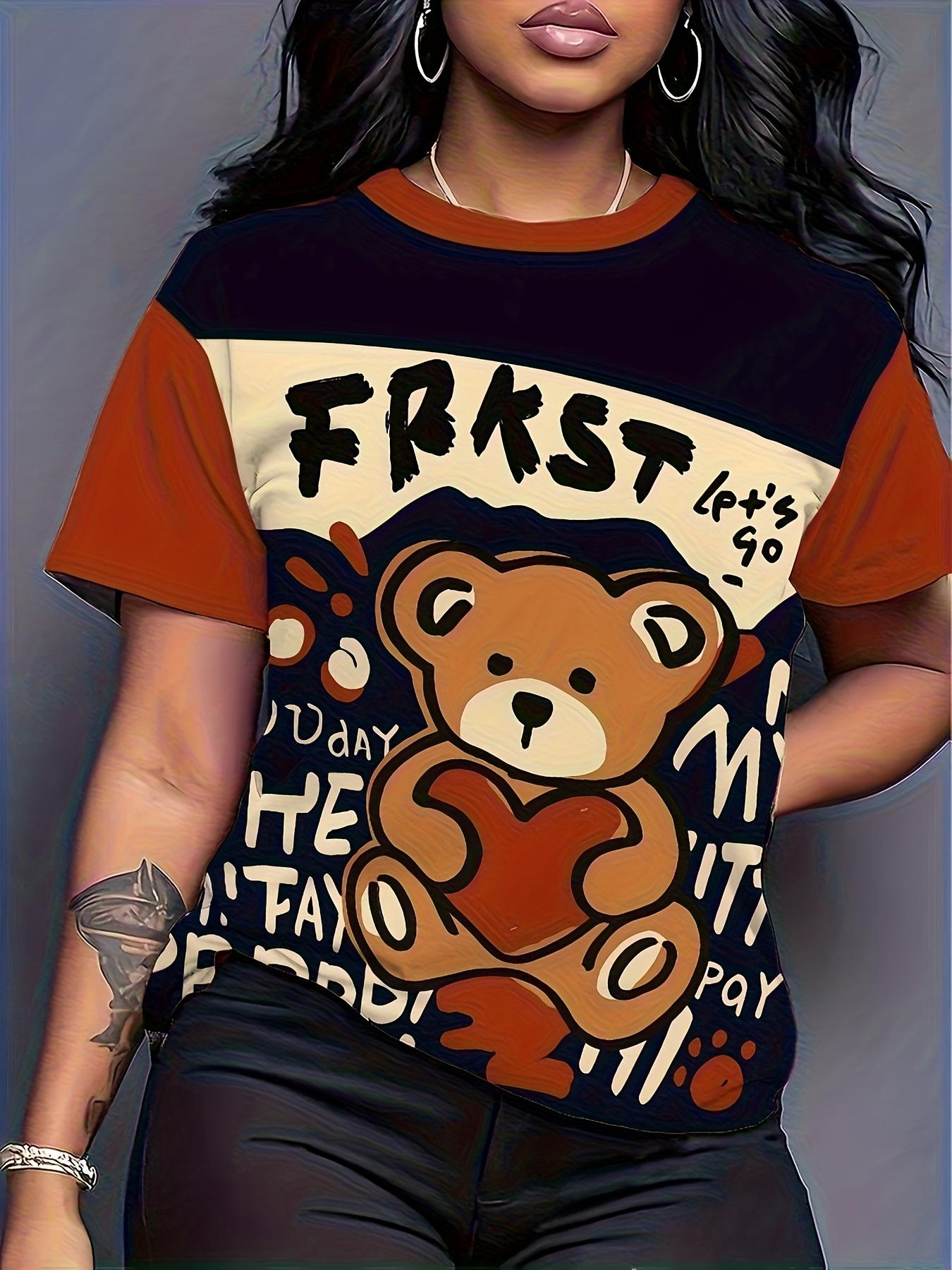 

Women s Retro Color-Block Heart Bear Print T-Shirt - American Street Style Short Sleeve Top with Letter Patchwork. Casual Summer Blouse Suitable for P M дубильная кора