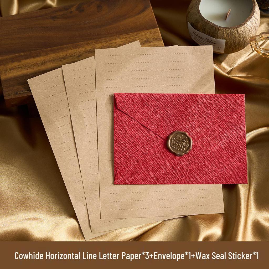 Chinese Retro Style Woven Pattern Envelope & Letter Set with Kraft Paper & Sealing Wax